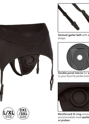 Schwarzer sinnlicher garter belt mit verstellbaren trägern und verstärktem o-ring von calexotics boundless tanga mit strapsgürtel l xl