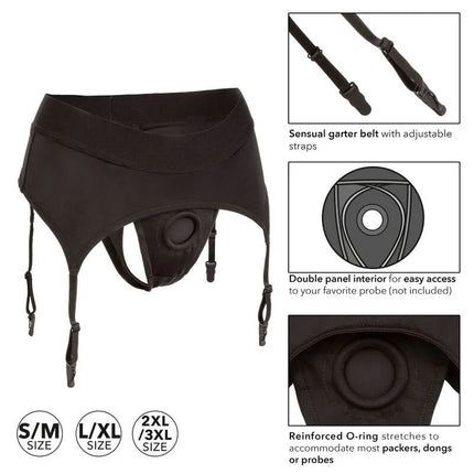 Schwarzer sinnlicher garter belt mit verstellbaren trägern und verstärktem o-ring von calexotics boundless tanga mit strapsgürtel l xl