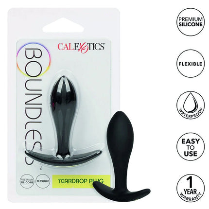 Schwarzer teardrop silikon analplug von calexotics mit gebogener basis für sicheren halt