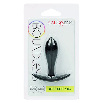 Schwarzer teardrop förmiger analplug aus flexiblem silikon von Calexotics aus der Boundless Serie im klaren blisterpack