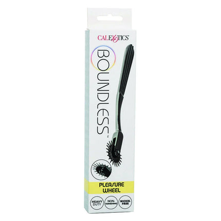 Black boundless pleasure wheel von calexotics mit elegantem griff und stacheligem rollerkopf für sinnliche massage