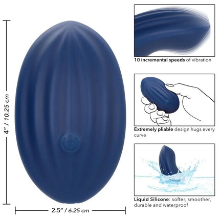 Blauer ovaler vibrator aus liquid silikon mit glatter biegsamer oberfläche und zentralem einschaltknopf von calexotics