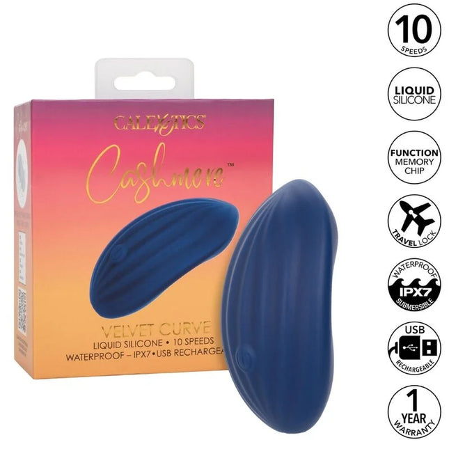 Deep blue liquid silicone adult toy with smooth curved design and subtle texture from calexotics cashmere samt curve blau