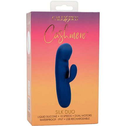 Blauer silikon-seidiger duo-vibrator von calexotics mit zwei motoren und usb-aufladung model cashmere-seiden-duo-blau