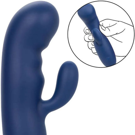 Tiefblauer silikon vibrator in kaninchenform mit strukturierter grifffläche und abgerundeten konturen von calexotics