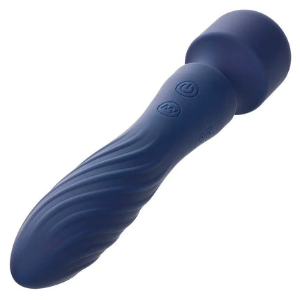 Calexotics charisma mystique massager doppelmotor in blaues silikon mit texturiertem griff und steuerungsknöpfen