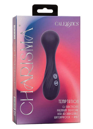 Schwarzes silikon-vergnügungsgerät mit ergonomischem design und zwei steuerungstasten am griff von calexotics charisma temptation massager 12 funktionen lila
