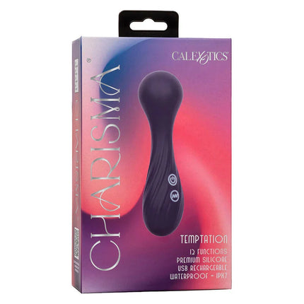 Schwarzes silikon-vergnügungsgerät mit ergonomischem design und zwei steuerungstasten am griff von calexotics charisma temptation massager 12 funktionen lila