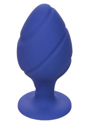 Caled erotik - cheeky buttplug lila zeigt blauen silikon-plug mit strukturiertem spiralmuster und breiter basis