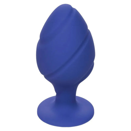 Caled erotik - cheeky buttplug lila zeigt blauen silikon-plug mit strukturiertem spiralmuster und breiter basis