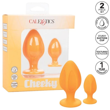 Orangene silikon-cheeky-analplugs im zweiteiligen set von CalExotics für angenehmen Gebrauch