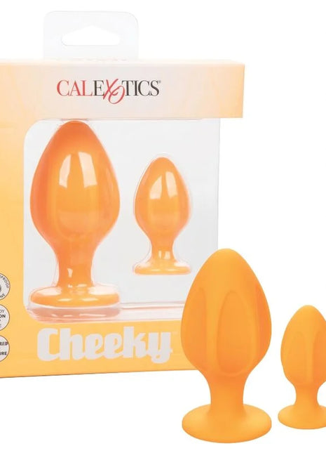Orangene silikon-cheeky-analplugs im zweiteiligen set von CalExotics für angenehmen Gebrauch