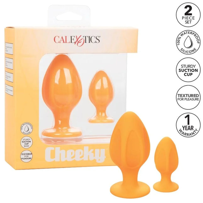 Orangene silikon-cheeky-analplugs im zweiteiligen set von CalExotics für angenehmen Gebrauch