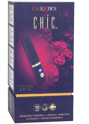 Navyblauer handlicher vibrator mit silbernem akzentband und leuchtender taste daisy von calexotics kleinmodell