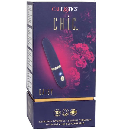Navyblauer handlicher vibrator mit silbernem akzentband und leuchtender taste daisy von calexotics kleinmodell