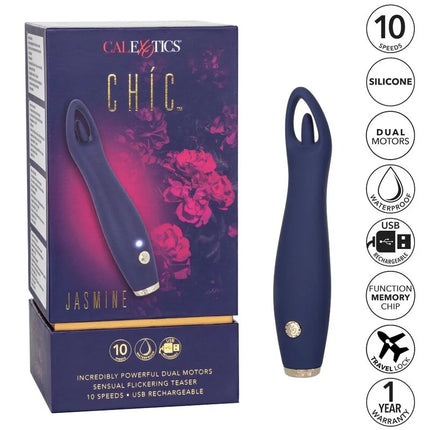 Navyblaues silikonvergnügungsgerät calexotics chic jasmine flickering teaser mit ergonomischem design und goldakzenten