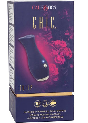 Calexotics chic tulip massager in dunkelblau aus silikon mit glänzendem finish und silberfarbener akzentleiste