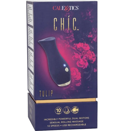 Calexotics chic tulip massager in dunkelblau aus silikon mit glänzendem finish und silberfarbener akzentleiste