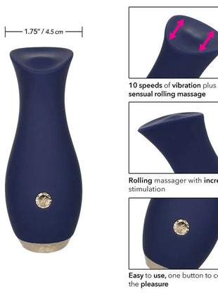 Navyblauer silikon-vibrationsmassager mit silberner taste und goldfarbenem boden von calexotics chic tulpe massager blau