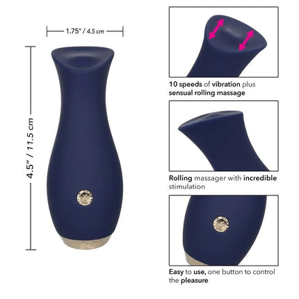 Navyblauer silikon-vibrationsmassager mit silberner taste und goldfarbenem boden von calexotics chic tulpe massager blau