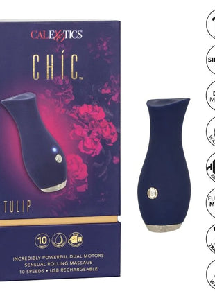 Chic tulpe massager blau navyblauer tulpenförmiger silikonmassager mit silberner metallbasis und knopfleiste
