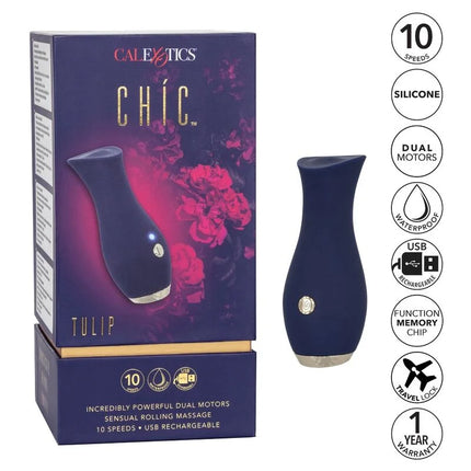 Chic tulpe massager blau navyblauer tulpenförmiger silikonmassager mit silberner metallbasis und knopfleiste