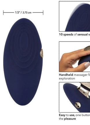 Navyblauer ovaler handmassager mit glatter oberfläche und metallischem steuerknopf von calexotics chic violet stimulator