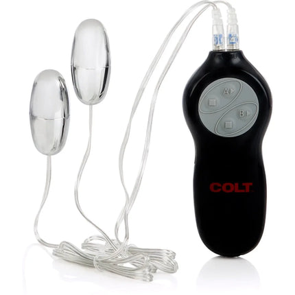 Calexotics colt 7 function twin turbo bullets schwarzer fernbedienung mit silbernen tasten und zwei verchromten vibrosonden