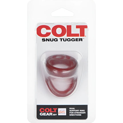 Rotes transparentes dual-ring stützgerät in klarer plastikverpackung von calexotics colt snug tugger rot