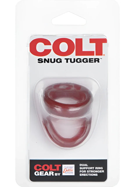 Rotes transparentes dual-ring stützgerät in klarer plastikverpackung von calexotics colt snug tugger rot