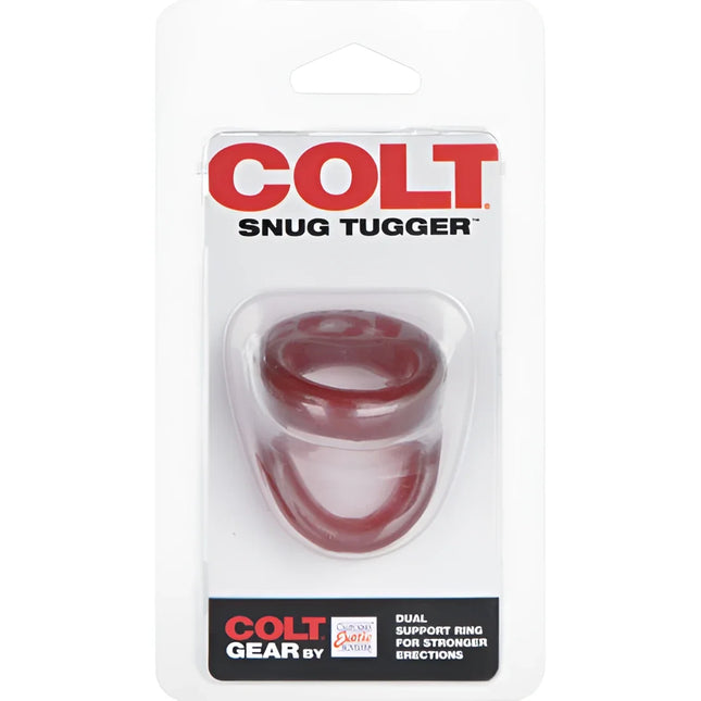 Rotes transparentes dual-ring stützgerät in klarer plastikverpackung von calexotics colt snug tugger rot