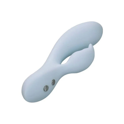 Lightblauer silikon vibrator in hasenform mit zwei silbernen tasten am griff von CalExotics Contour Kali Blau