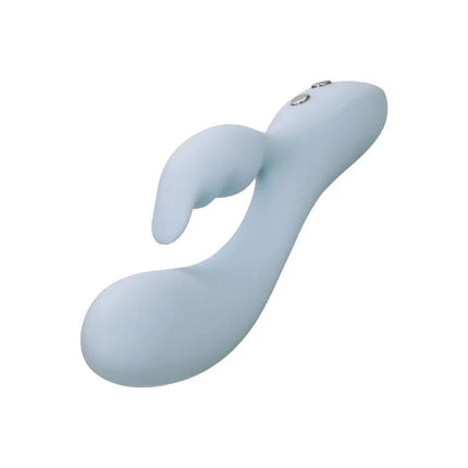 Lichtblauer silikon vibrator in kaninchenform mit zwei silbernen tasten am griff von CalExotics Contour Kali Blau