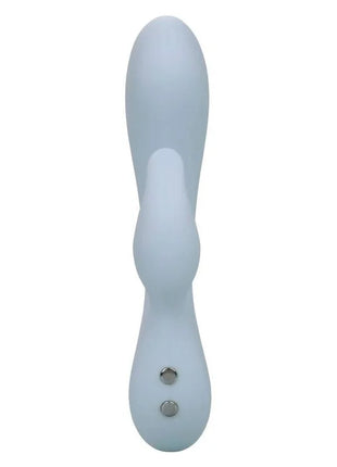 Hellblauer silikon vibrätor in hasenform mit zwei silbernen steuerungsknöpfen am fuß ca lexotics contour kali blau