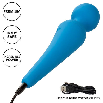Blauer silicone body wand mit rundem kopf und spitz zulaufendem griff plus usb-ladekabel von calexotics