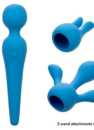 Blauer silikon vibratorstab von calexotics mit 10 vibrationsmodi und zwei abnehmbaren aufsätzen