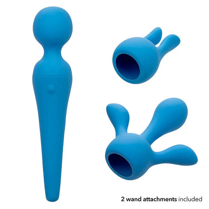 Blauer silikon vibratorstab von calexotics mit 10 vibrationsmodi und zwei abnehmbaren aufsätzen
