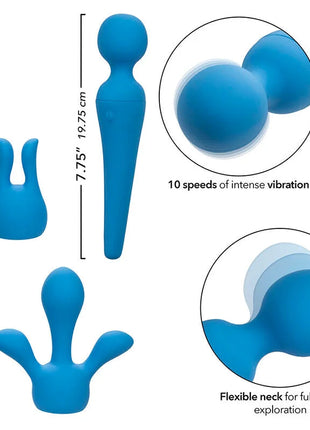 Blauer silikon-vibrator mit flexiblem hals und mehreren aufsätzen von calexotics couture kit mit 10 vibrationen