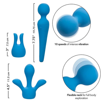Blauer silikon-vibrator mit flexiblem hals und mehreren aufsätzen von calexotics couture kit mit 10 vibrationen