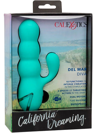 Tealfarbener silikonkaktus-vibrator mit gebogenem design und dualmotor von Calexotics Del Mar Diva Gründer California Dreaming
