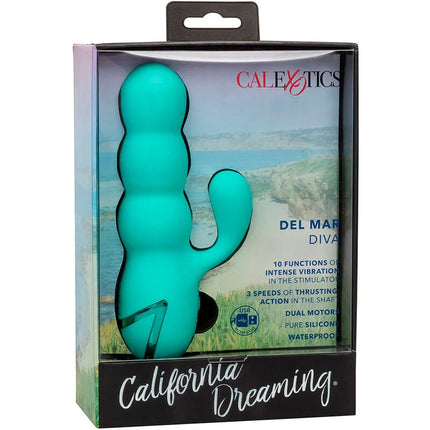 Tealfarbener silikonkaktus-vibrator mit gebogenem design und dualmotor von Calexotics Del Mar Diva Gründer California Dreaming