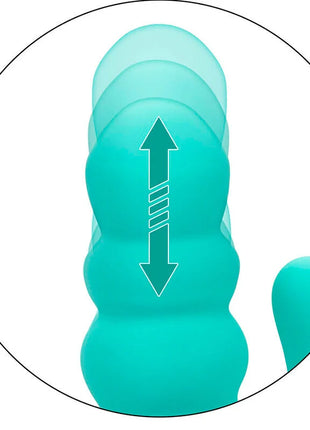 Teal silikon vibrator mit segmentierter, noppiger textur und pfeilgrafik zur längenverstellung von calexotics