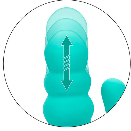 Teal silikon vibrator mit segmentierter, noppiger textur und pfeilgrafik zur längenverstellung von calexotics