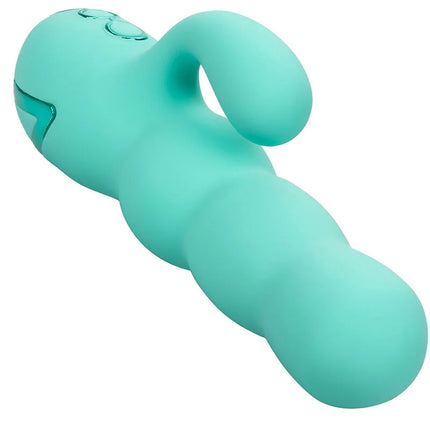 Tealfarbenes, glattes silikon-vibrator-gerät mit gebogenem design und zwei kontrollknöpfen von calexotics del mar diva