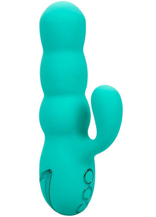 Teal silikon vibrator in kaktusform mit drei abgerundeten segmenten und gebogenem stiel von calexotics