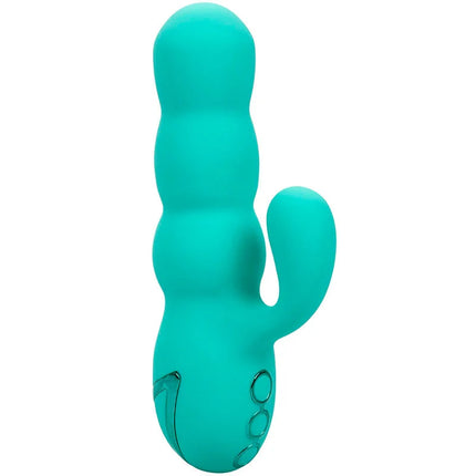 Teal silikon vibrator in kaktusform mit drei abgerundeten segmenten und gebogenem stiel von calexotics