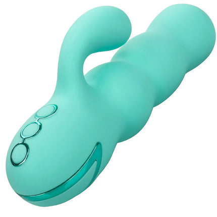 Tealgrüner silikon vibrator von calexotics mit glatter oberfläche drei rundtasten und tierkopfform im del mar diva design