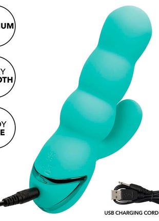 Teal silikon vibrator mit segmentiertem gebogenem design und usb-ladekabel von calexotics del mar diva von california dreaming