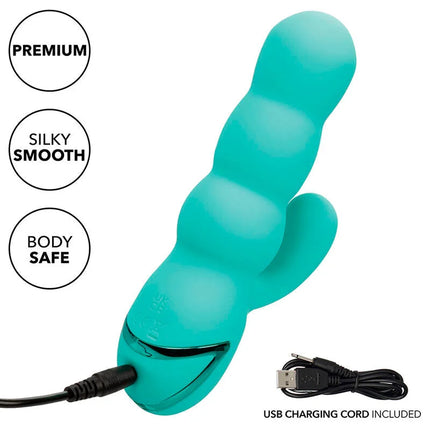 Teal silikon vibrator mit segmentiertem gebogenem design und usb-ladekabel von calexotics del mar diva von california dreaming