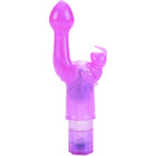 Ein durchscheinendes lila plastikspielzeug mit bauchiger oberseite und geformter basis von calexotics bunny kiss rosa